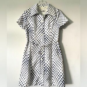 80s Navy White Geometric Print Tokyo Collared Shirt Dress